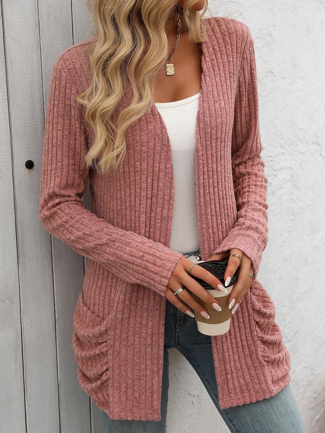 Dam Vinterkappa Bekväm Andningsfunktion Ficka Öppen front Elegant Ledigt Slät Semester Gata Ledigt Dagliga kläder Öppen front Normal Kraglös Normal Långärmad Ytterkläder Rodnande Rosa Rubinrött Blå 2025 - $27.99 –P9