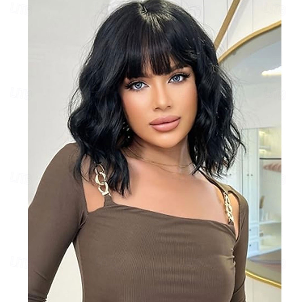 Peruka typu bob syntetyczna z grzywką dla kobiet, bordowa, syntetyczna, odporna na ciepło, luźna, kręcona, falowana, krótka, bob w kolorze czerwonego wina, bezklejowa, fryzura na co dzień 2025 - $21.99 –P2