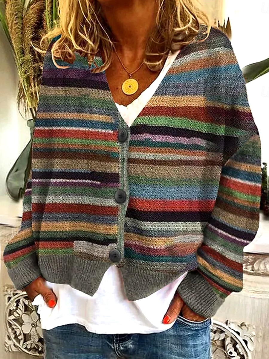 Femmes Pull Cardigan Élégant ancien Mode Fleuri Géométrique Rayé Col en V Patchwork Avec Poches Tricoté manche longue Hauts Réguliers Tricoter Extérieur Quotidien Week-end Rouge vin Marron Automne de 2025 ? $24.99 –P2