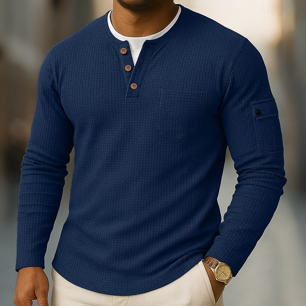 Men's T Shirt Tee Tee Top Long Sleeve Shirt Long Sleeve Henley Spring Fall Plain Fashion Designer Basic Pockets 2 in 1 Vacation Street Going out Navy Blue Top Tee for Men 2026 - $27.99 –P8