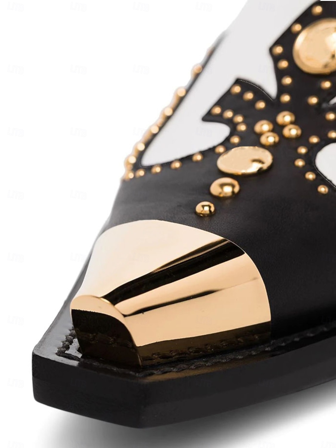 2025年 ゴールドのスタッズとメタルトゥが付いたレディースのブラックレザーウエスタンアンクルブーツ - ファッションストリートウェアやパーティーに最適なカウボーイスタイルのチャンキーヒールブーツ  コレクション – $109.99 –P6