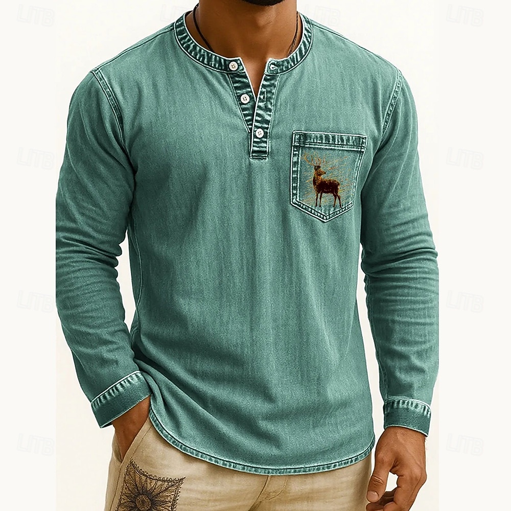 Voor heren Henley-shirt T-shirts T-shirt Shirt met lange mouwen Lange mouw Henley Herfst Winter Rendier Hert Modieus Ontwerper Mode Wijnoogst Vakantie Straat Uitgaan Donker Bruin Marine Zwart Top 2025 - $38.99 –P5