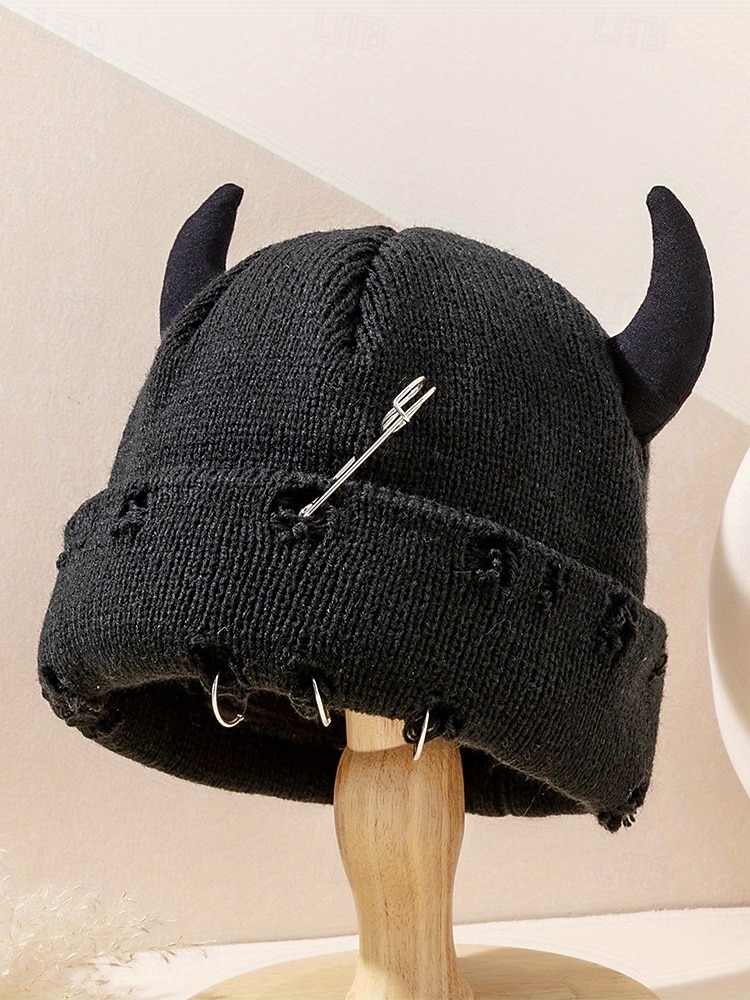 unisex halloween-paholaisen sarvineulepipo – goottilainen punk-kallomyssy hakaneulalla ja rengaskorjauksilla miehille ja naisille, juhla-asu 2025 - $11.99 –P4