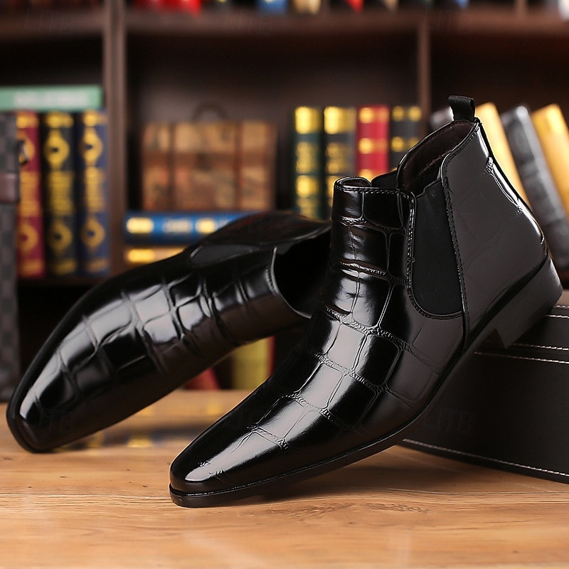 Botines Chelsea marrones con estampado de cocodrilo para hombre: botines de piel sintética con paneles laterales elásticos, botas de vestir de estilo vintage para oficina y noche. 2025 - $42.99 –P4