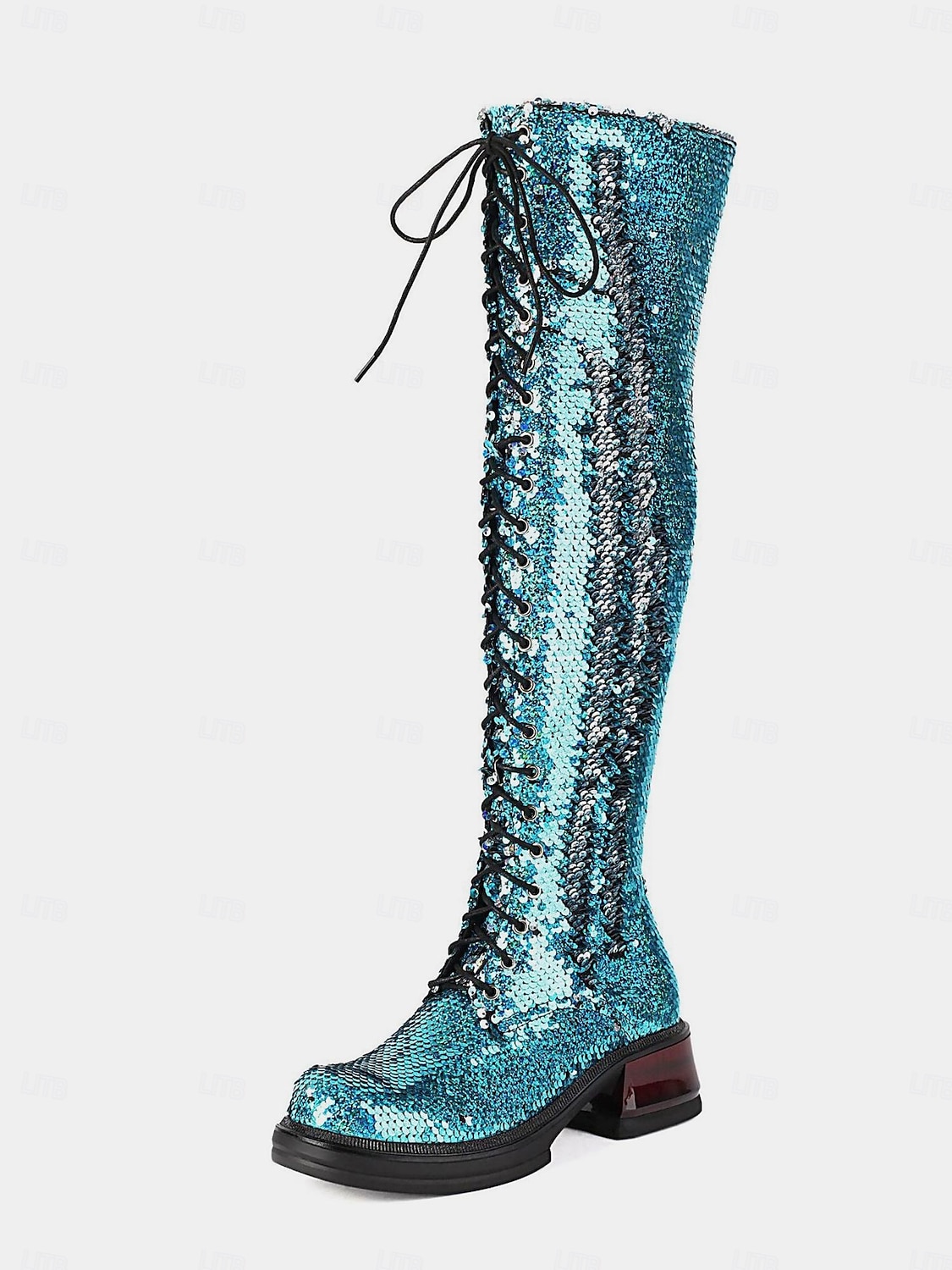 türkisfarbene, kniehohe Schnürstiefel für Damen mit Pailletten – glitzernde Party-Schuhe im Combat-Stil für das Nachtleben und Club-Outfits 2026 - $99.99 –P5