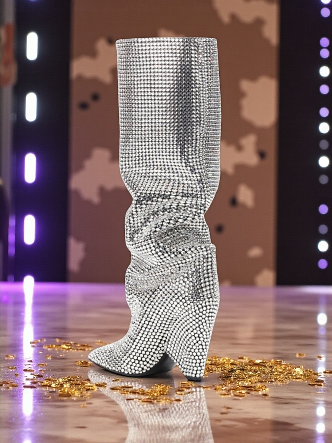 stivali alti fino al ginocchio con strass da donna, con punta affilata e tacco grosso, calzature scintillanti in stile slouchy per feste in città a Natale e Capodanno del 2025 a $149.99 –P2