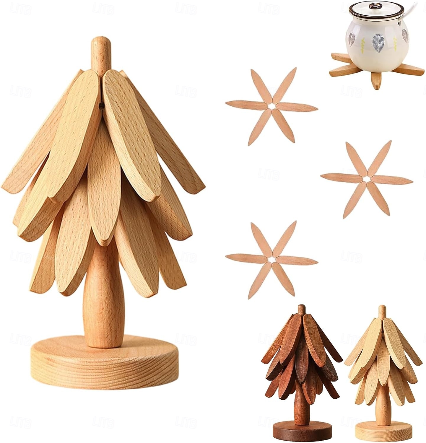 ensemble de dessous de plat en bois naturel, 3/4/5 dessous de plat en bois &1 support comme un sapin de Noël, dessous de plat de cuisine pliable naturel pour casseroles, poêles, bols &théières de 2025 ? $12.99 –P2