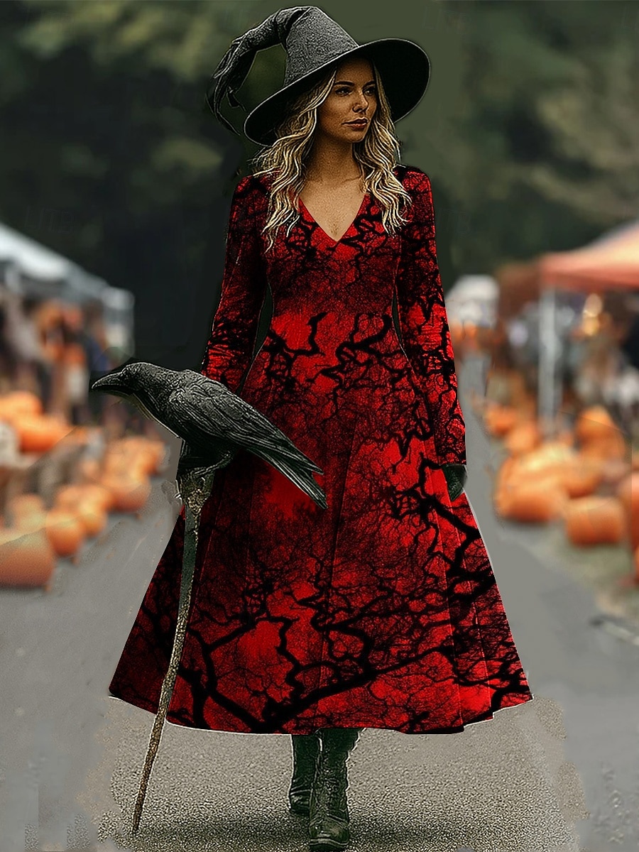 Halloween Women's Midi Dress A Line Dress Vacation Casual Boho Beach Regular Fit Graphic Abstract Long Sleeve V Neck White Dark Red Wine Brown Spring Fall Winter 2025 - $33.99 –P3
