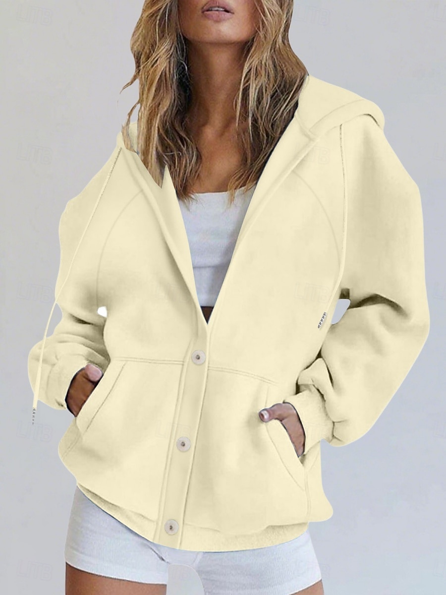 Mulheres Casaco com capuz Confortável Respirável Bolsos Botões Casual Tecido Férias Rua Casual Roupa Diária Não Trespassado Padrão Com Capuz Normal Manga Longa agasalhos Branco Amarelo Azul Primavera de 2026 por $28.99 –P8