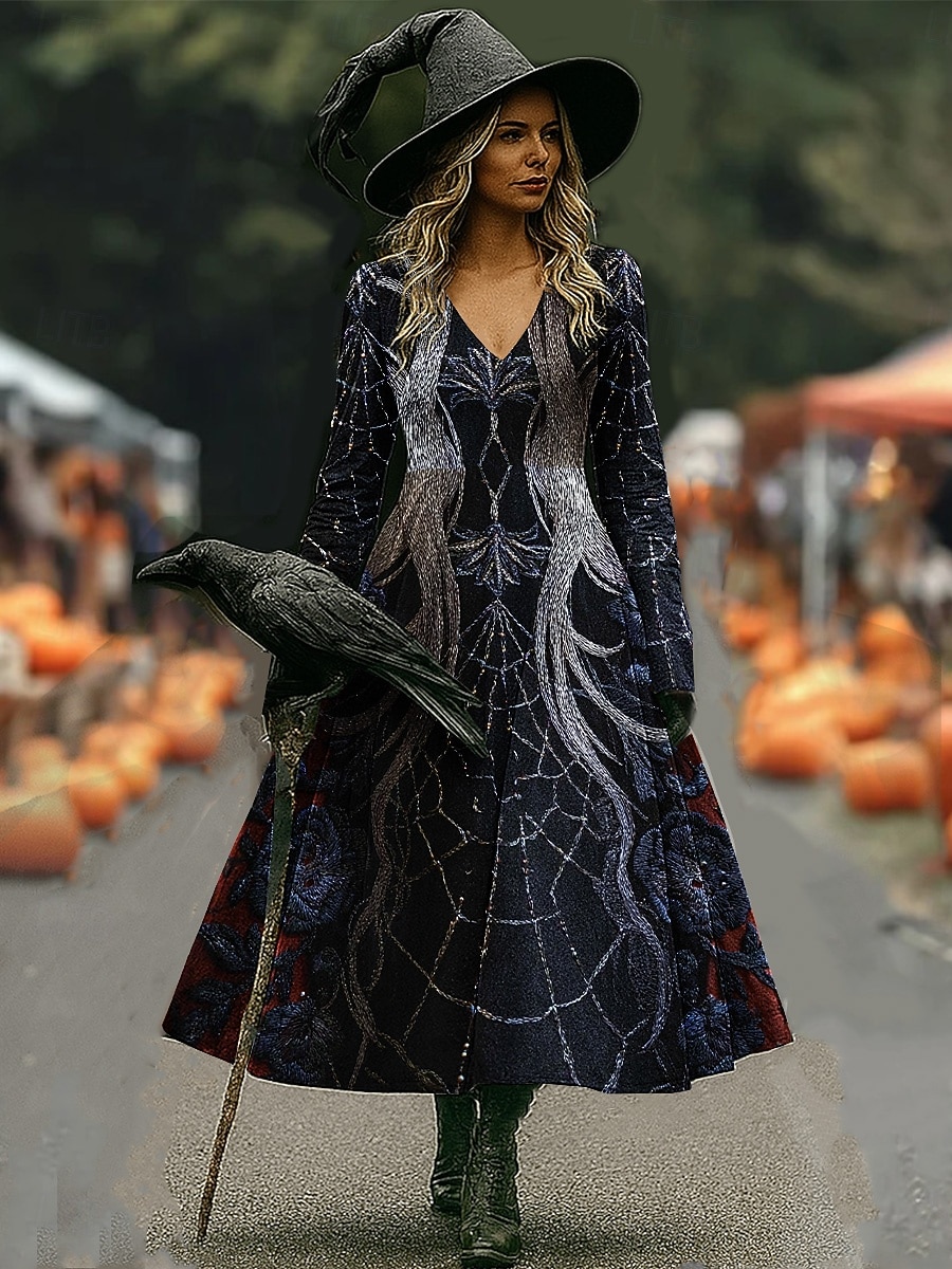 Halloween Per donna Abito maxi Abito a trapezio Vacanza Casual Boho Spiaggia Vestibilità regolare Floreale Grafico Manica Lunga Scollo a V Nero Rosso scuro Vino Rosso Primavera Autunno del 2025 a $35.99 –P5