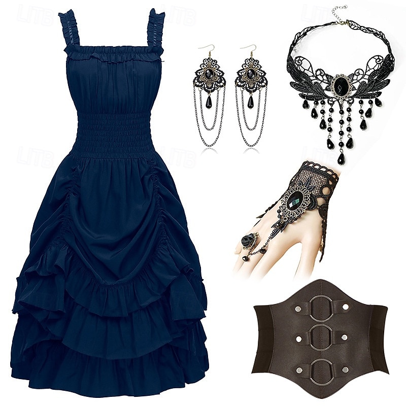 Gotisch Renaissance Steampunk Kleid Zubehörset Gothic Mädchen Kostüm Damen Fantasie Halloween Karneval Leistung Party Renaissance-Messe Erwachsene Kleid Ohrringe Halskette 2025 - $59.99 –P10
