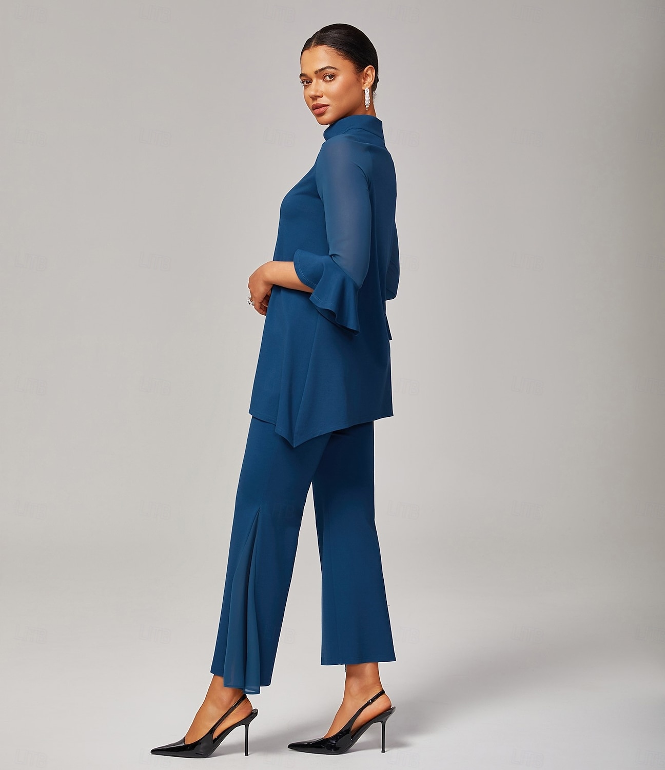 Dunkelblaue Chiffon-Modal-Slim-Fit-Bluse für Damen mit transparenten Ärmeln, elegant, leicht, atmungsaktiv, fürs Büro, Abendessen oder Date 2025 - $61.99 –P3