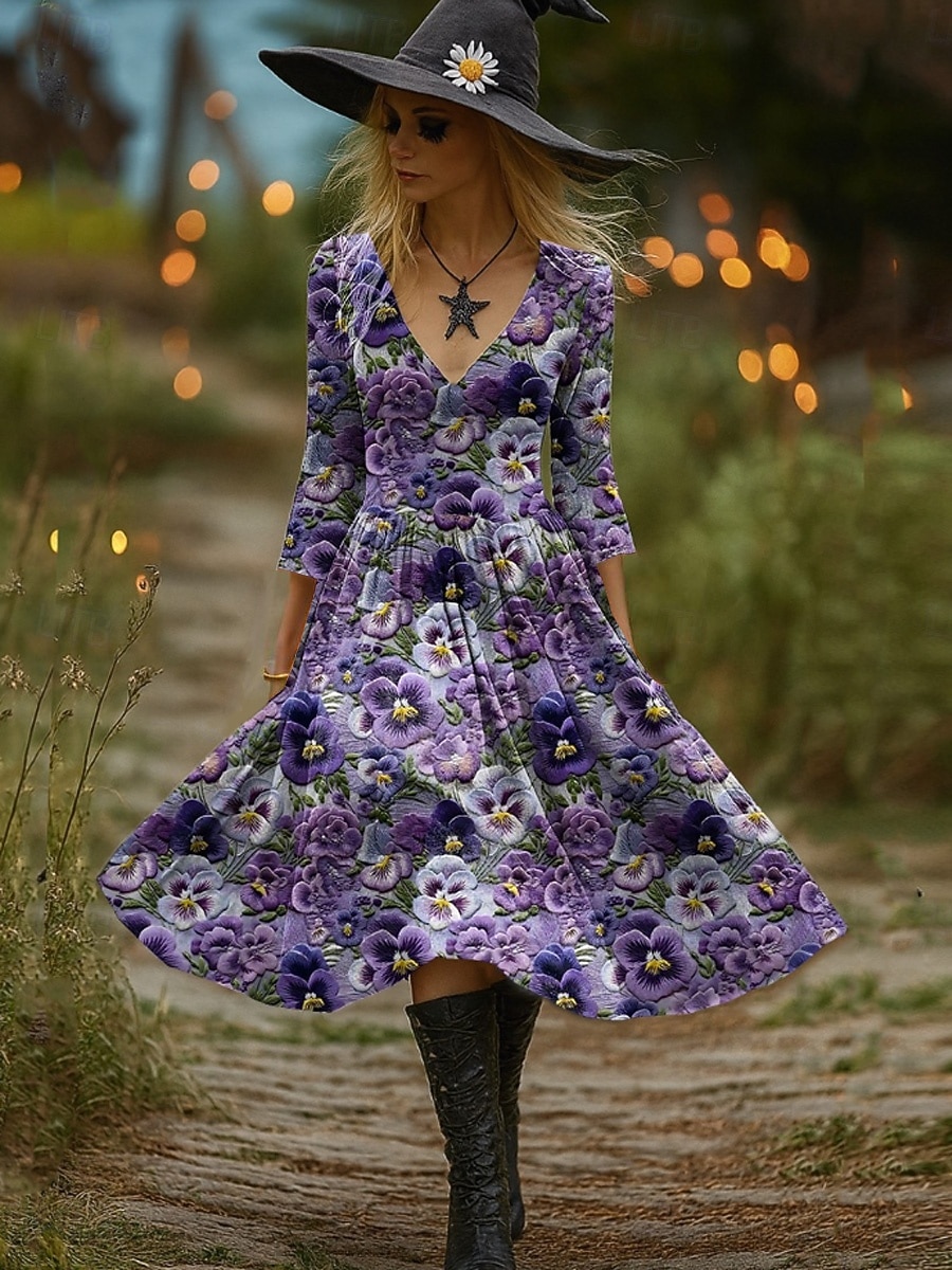 Halloween Damen Midi Kleid mit Hexen-Print A-Linie Kleid Urlaub Party Casual Party Regulär Passform Grafik Kürbis Langarm V-Ausschnitt Schwarz Lila Orange Braun Frühling Herbst 2025 - $36.99 –P4