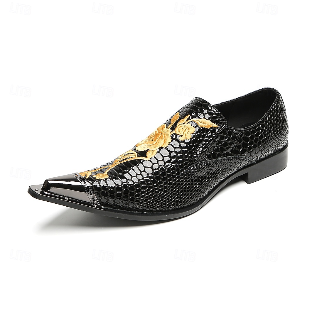 Pantofi eleganți bărbătești din piele naturală de vacă, cu model de crocodil negru și broderie aurie – mocasini formali de lux pentru afaceri, nunți și banchete 2026 - $119.99 –P2