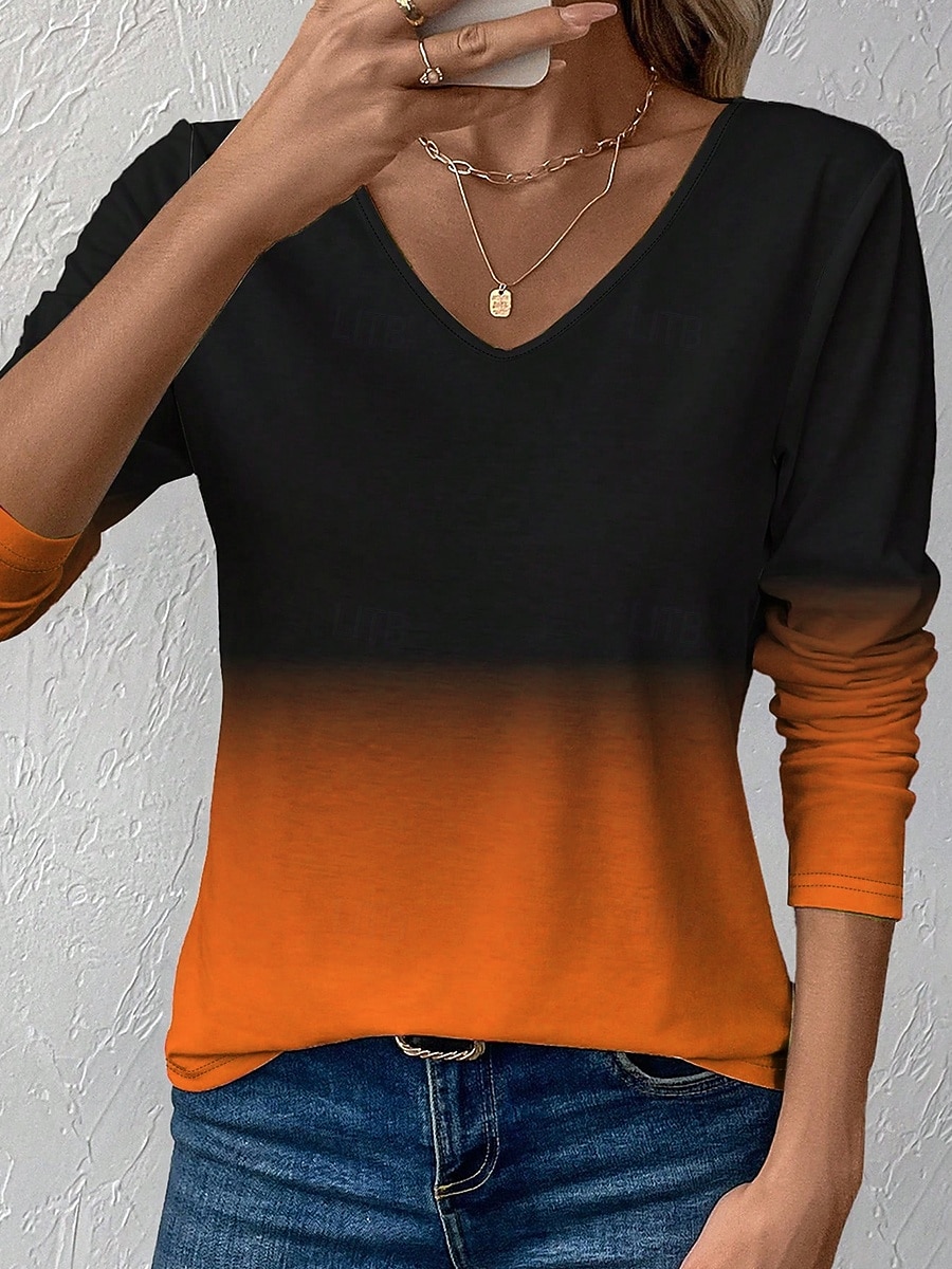 Per donna Maglietta Stampato Ombre Grafico Vintage Elegante Classico Manica Lunga Scollo a V Top Regolari Quotidiano Blu Rosso Viola Arancione Verde Primavera Autunno Inverno del 2026 a $24.99 –P5