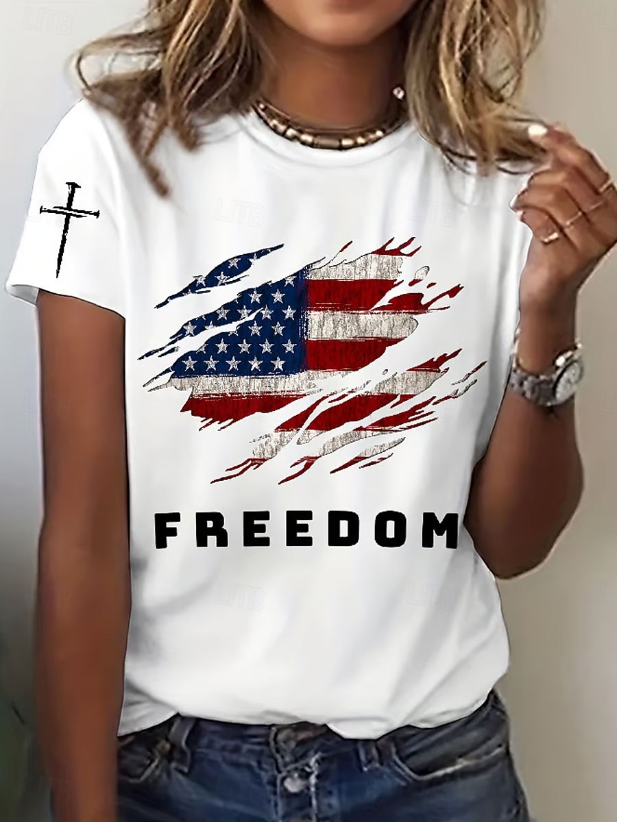 Damen T Shirt Druck Grafik Buchstabe Amerikanische Flagge Vintage Stilvoll Klassisch Kurzarm Rundhalsausschnitt Normale Oberteile Täglich Blau Schwarz Weiß Rote Sommer Frühling 2026 - $22.99 –P1