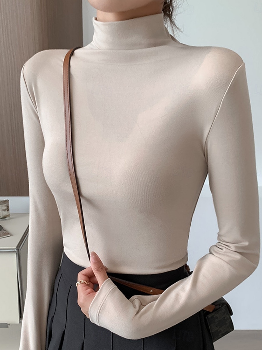 Per donna Blusa Tinta unica Elegante Essenziale Casual Manica Lunga Dolcevita Top Regolari Quotidiano Nero Bianco Rosa Marrone Beige Primavera Autunno Inverno del 2025 a $16.99 –P4