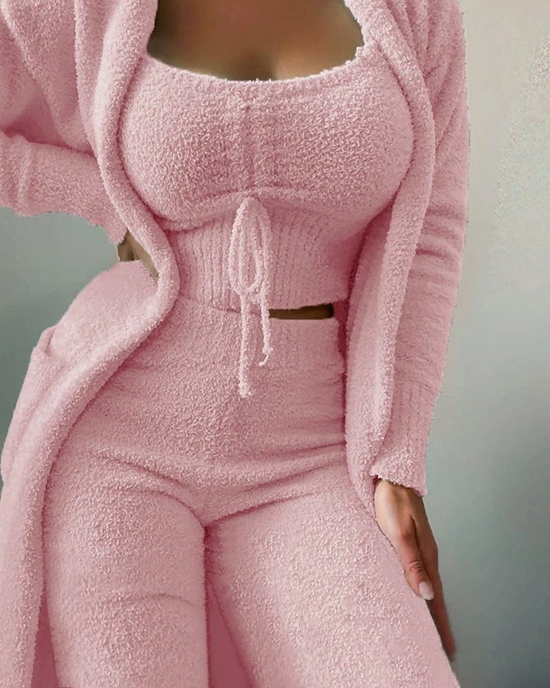Women's Loungewear Pajama Set Flannel Fashion Casual Pure Color Elastic Waist Pullover Pant Vacation Home Daily Long Sleeve Crew Neck Light Pink Black White Pink Royal Blue Summer Spring Winter Slim 2026 - $41.99 –P7