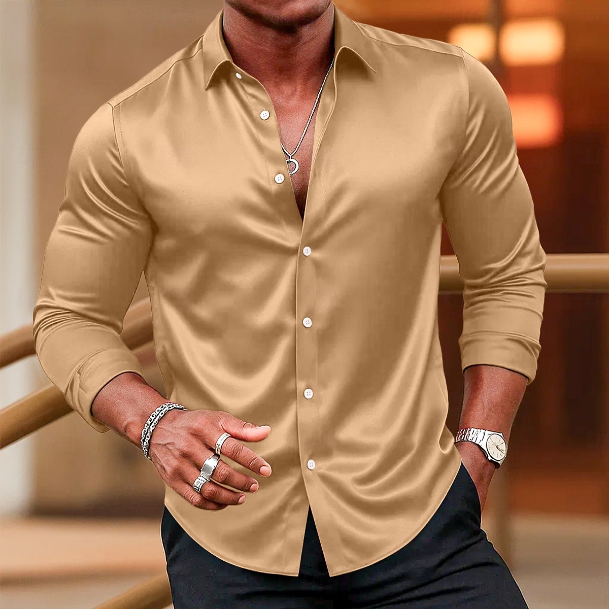 Per uomo Camicia Camicia in raso Camicia elegante Camicia casual Camicia con Bottoni Camicia da Ballo Semplice Formale Matrimonio Blu chiaro Nero Bianco Vino Manica Lunga Bavero Tutte le stagioni del 2025 a $23.99 –P4