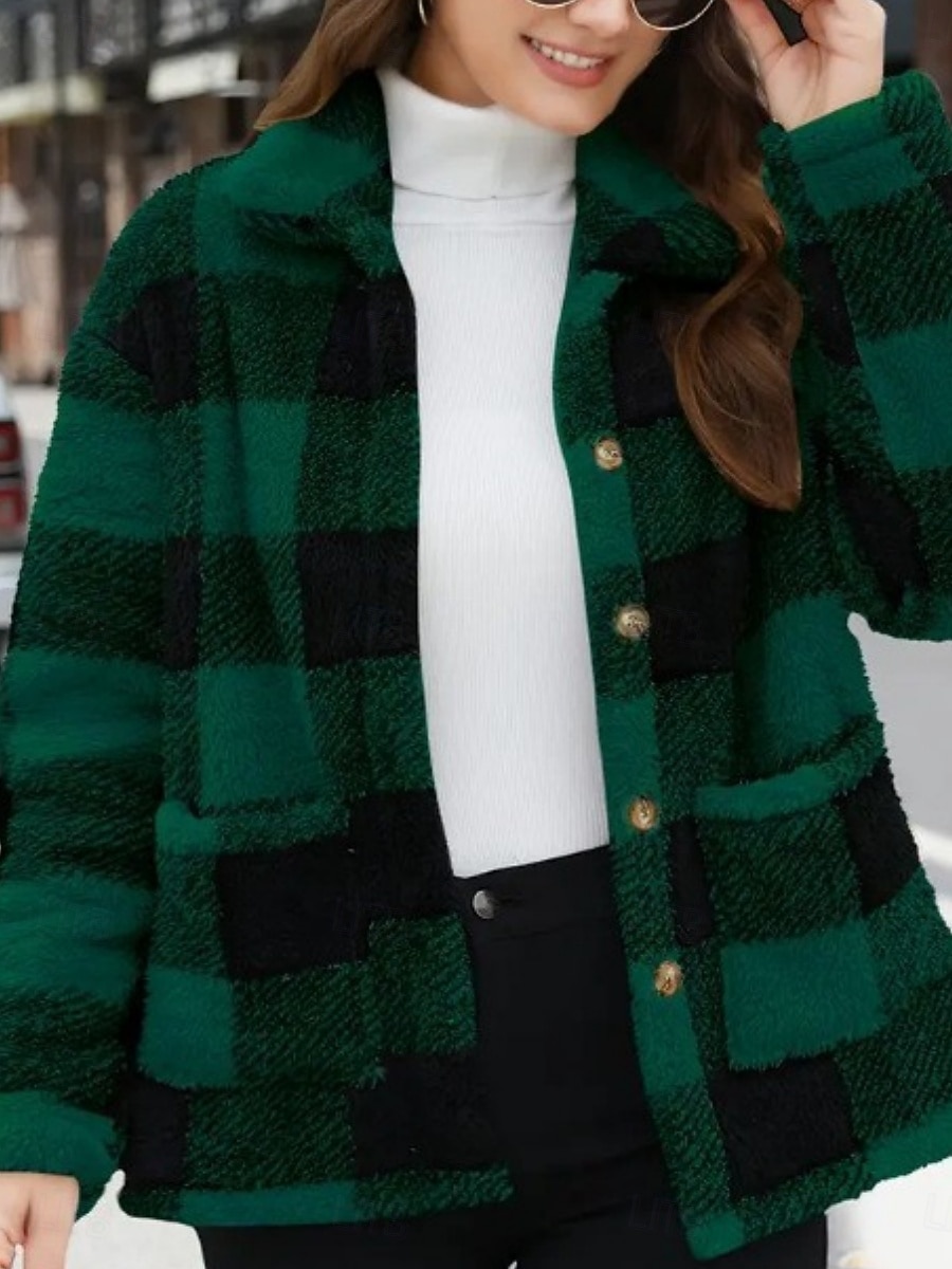 Damen Fleecejacke Bequem Atmungsaktiv Tasche Knöpfe Druck Mode Lässig Karomuster Urlaub Straße Lässig Alltagskleidung Einreihig Regulär Umlegekragen Normale Passform Langarm Oberbekleidung Schwarz 2025 - $29.99 –P4