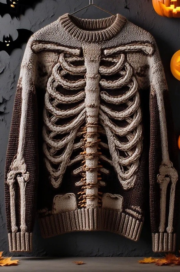 Maglione da donna Halloween Skeleton Carino Streetwear Casual Grafica Skeleton Collo a girocchiello Patchwork Maglione Maniche Lunghe Regolari KnitNero Arancione Autunno Inverno del 2025 a $29.99 –P2
