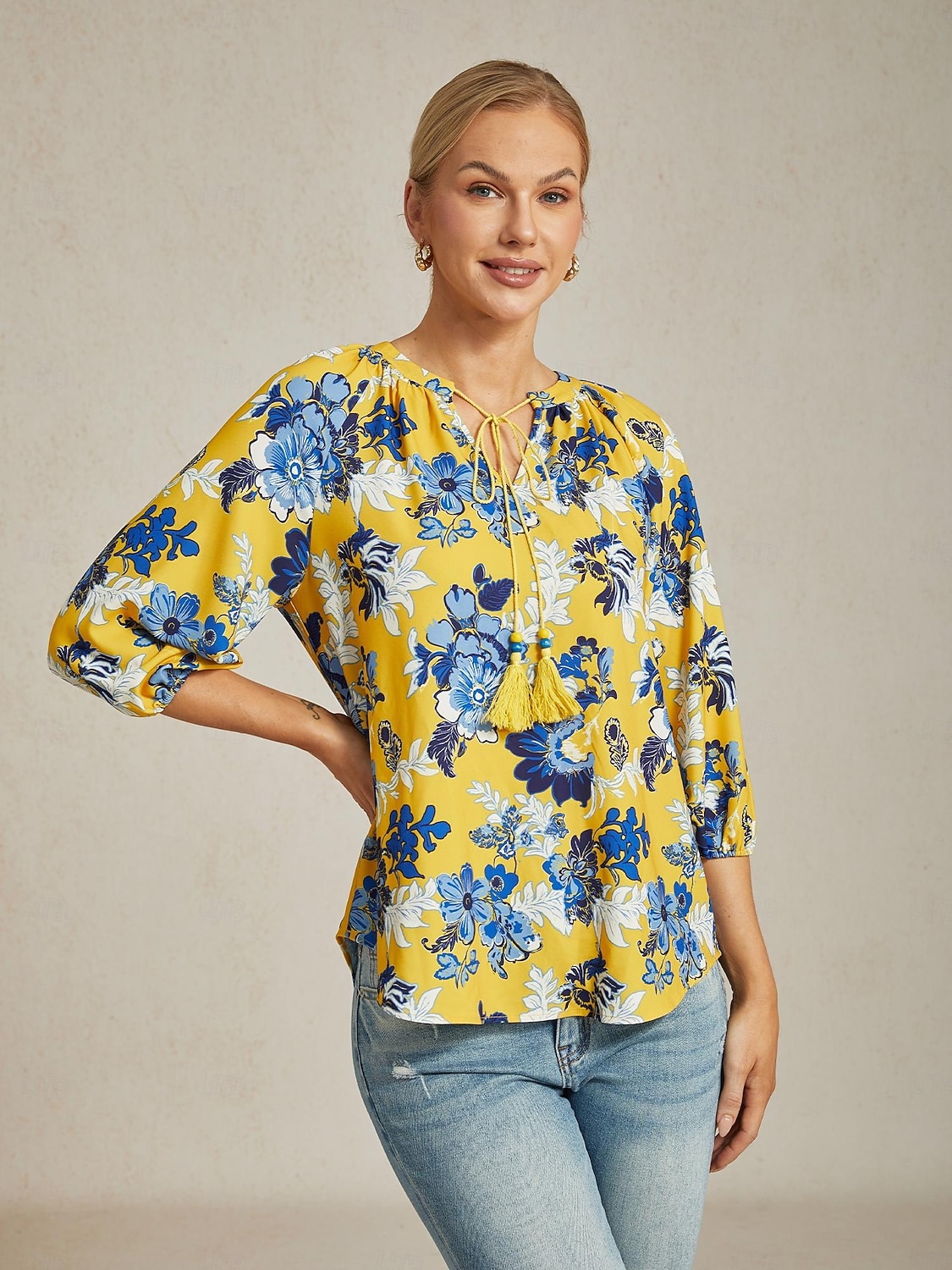 Per donna Femminile Camicia casual Floreale Casuale Corte Giallo Floreale Manica 3/4 Vacanza Scollo a V del 2026 a $67.99 –P1