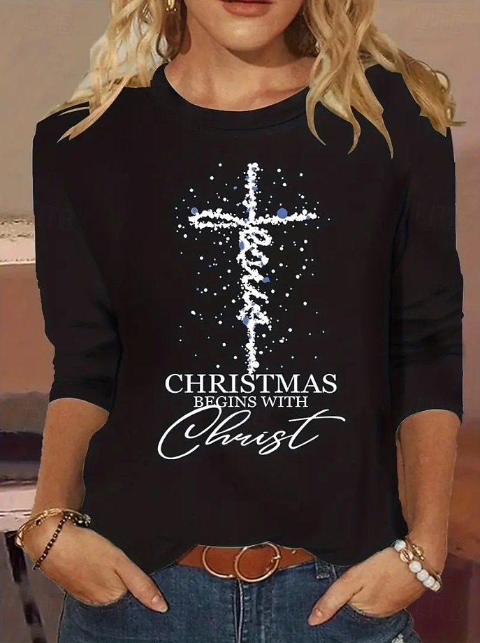 Noël Femmes T-shirt Graphique Lettre Croix ancien Mode Élégant manche longue Col ras du cou Col rond Hauts Réguliers Quotidien Week-end Imprimé Noir Jaune Rouge Bleu Printemps Automne Hiver de 2025 ? $26.99 –P3
