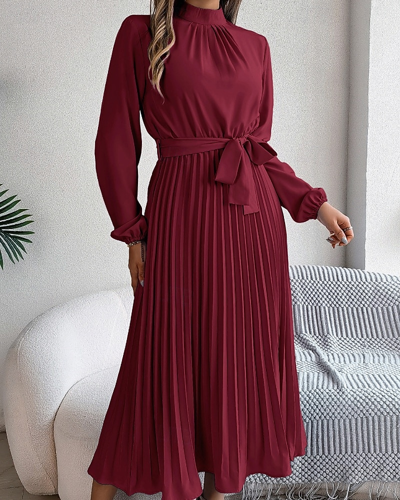 Mulheres Vestido midi vestido de cetim Vestido de festa Vestido Coquetel Vestido franzido Elegante Moderno Festa de Noite Festa Encontro Normal Tecido Manga Longa Colarinho Chinês Preto Rosa Vinho de 2026 por $31.99 –P15