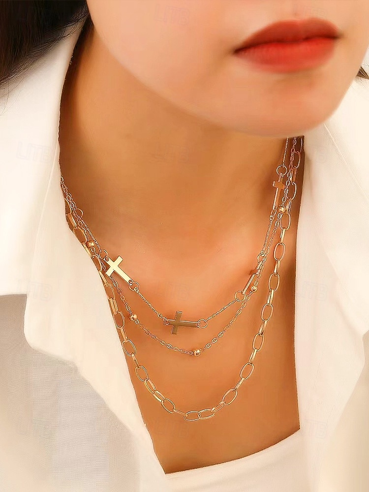 Collar de cruz navideña para mujer, cadena de oro en capas con colgante de perla y diamantes de imitación, elegante joyería navideña para fiestas, bodas y regalos. 2026 - $5.99 –P7