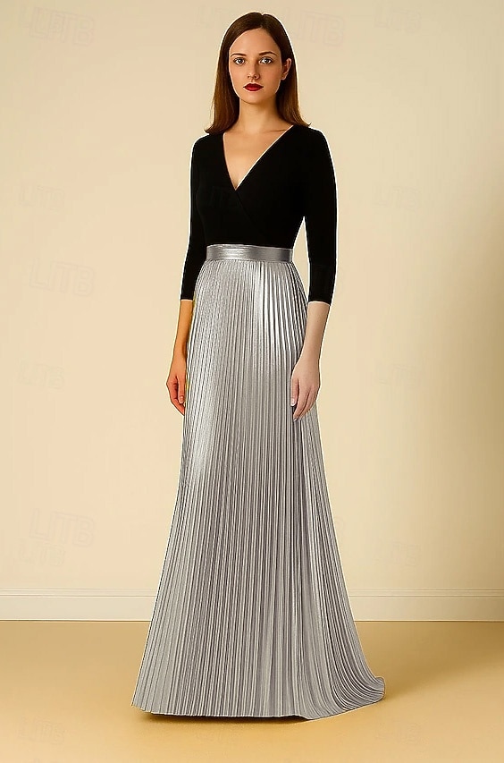 Ligne A Robe de Soirée Élégant Robe de soirée Formel Mariage Longueur au sol Manche 3/4 Col en V Crêpe Extensible avec Plis 2025 de 2025 ? $154.99 –P6