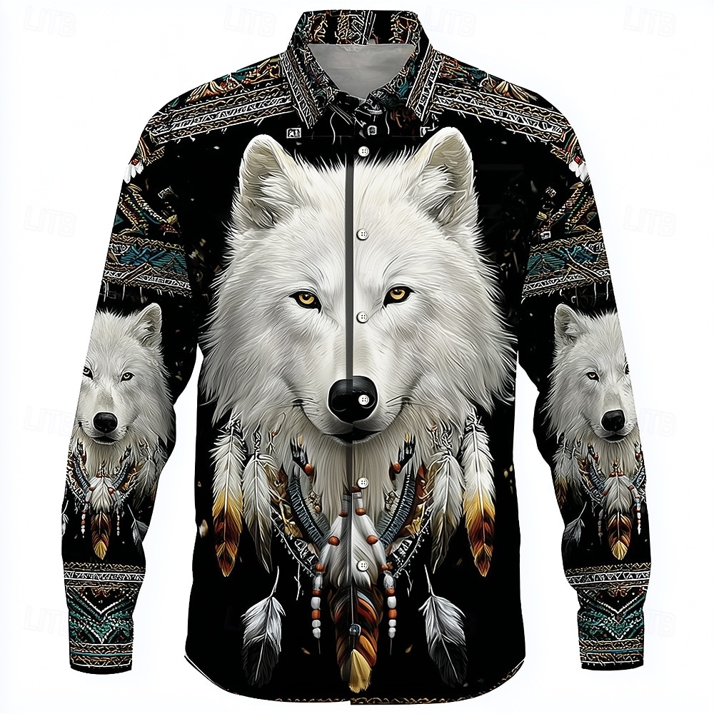 Hombre Lobo Atrapasueños Étnico Camisa Abotonar la camisa Manga Larga retro de la vendimia Exterior Acampada y Senderismo Caza Primavera Otoño Cuello Vuelto Impresión 3D camisas con cuello Negro 1 2026 - $27.99 –P1