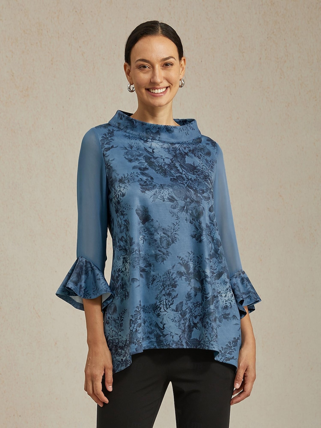 Chemisier femme gris bleu fleuri col montant manches à empiècements transparents ourlet asymétrique coupe confortable décontracté vacances printemps été automne de 2025 ? $61.99 –P4