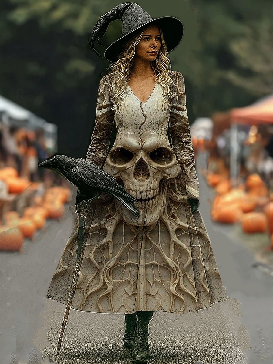 Halloween Per donna Abito Midi Abito a trapezio Vacanza Casual Quotidiano Ferie Data Vestibilità regolare Grafico Teschio Manica Lunga Scollo a V Giallo Chiaro Blu Viola Verde Autunno Inverno del 2025 a $35.99 –P1