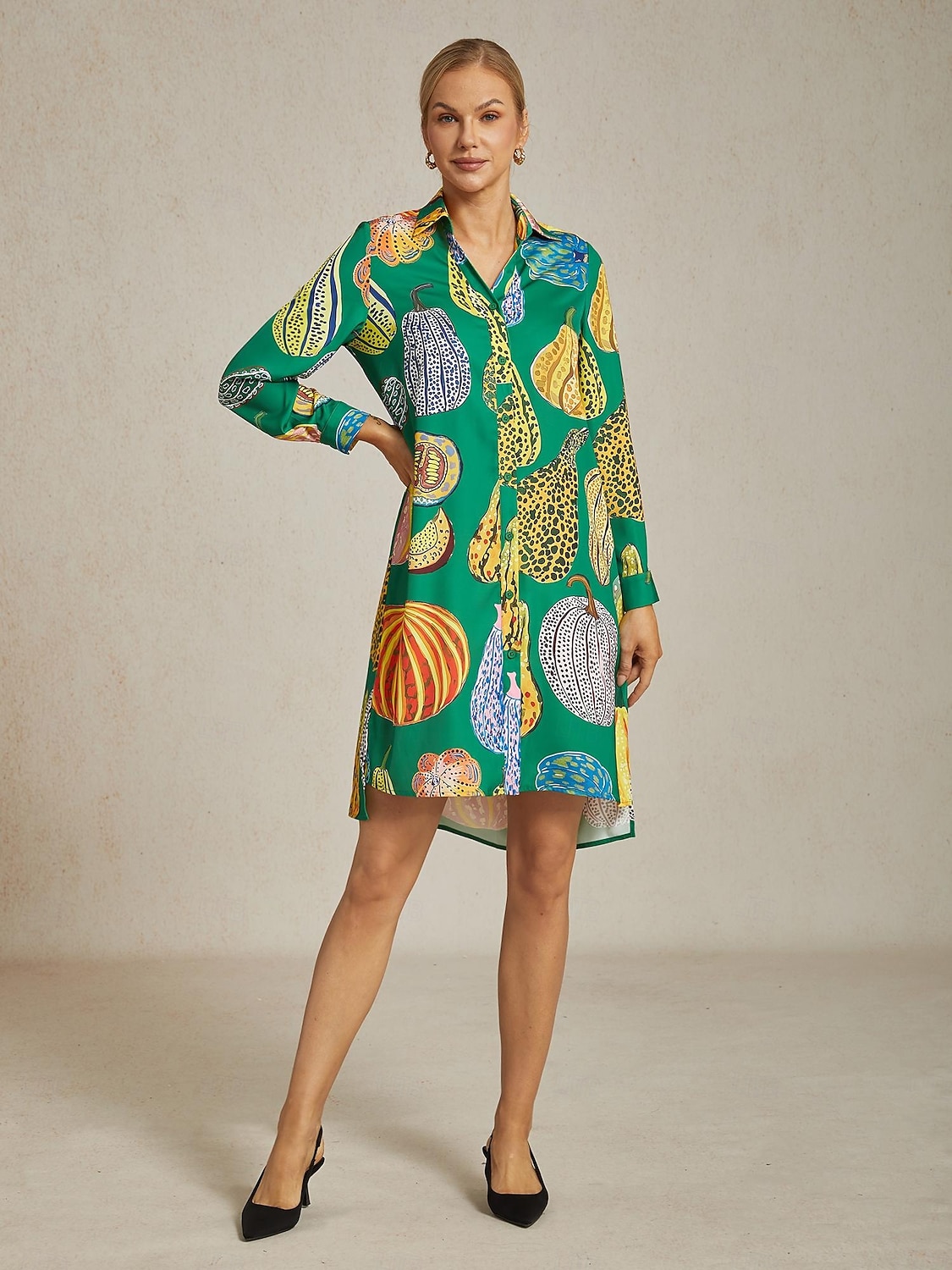 abito camicia da donna con stampa zucca verde, scollo a V, vestibilità ampia, orlo asimmetrico, spacco, per vacanza, quotidiano, lavoro, festa, autunno, primavera, estate del 2025 a $86.99 –P1