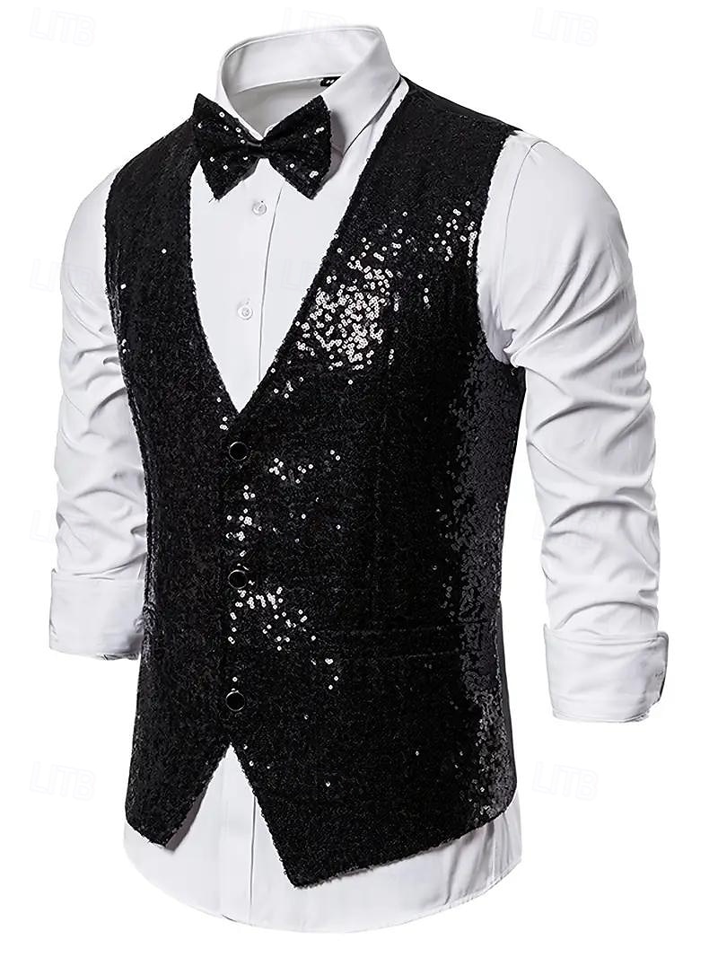 gilet da uomo con scollo a V, tinta unita, nero, argento e oro, vestibilità su misura del 2025 a $39.99 –P8