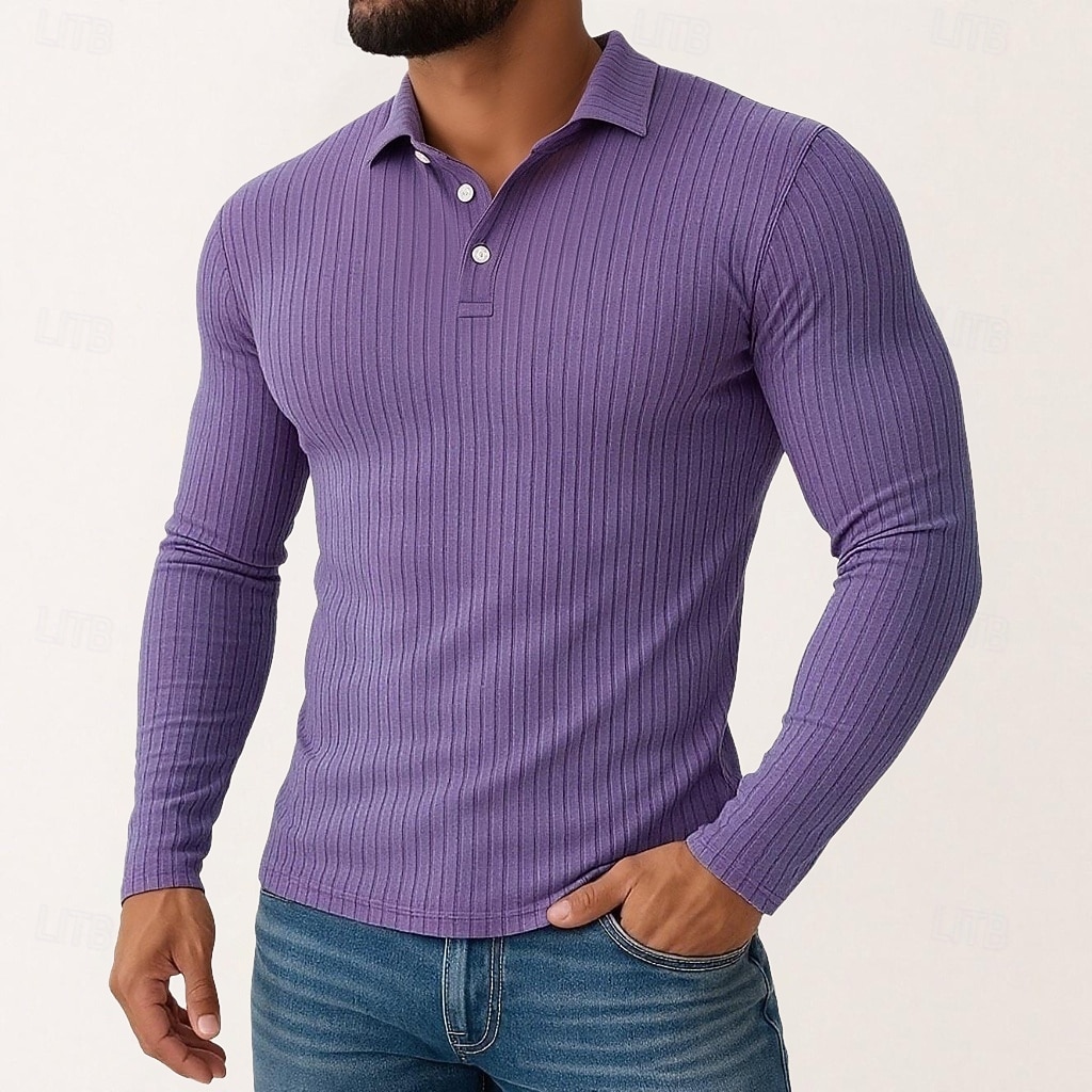 Herren Poloshirts Rippenstrick-Top Urlaub Straße Klassisch Langarm Mode Basic Einfach Stricken Frühling Herbst Winter Schmale Passform Schwarz Weiß Blau Violett Khaki Grau Poloshirts 2025 - $21.99 –P1