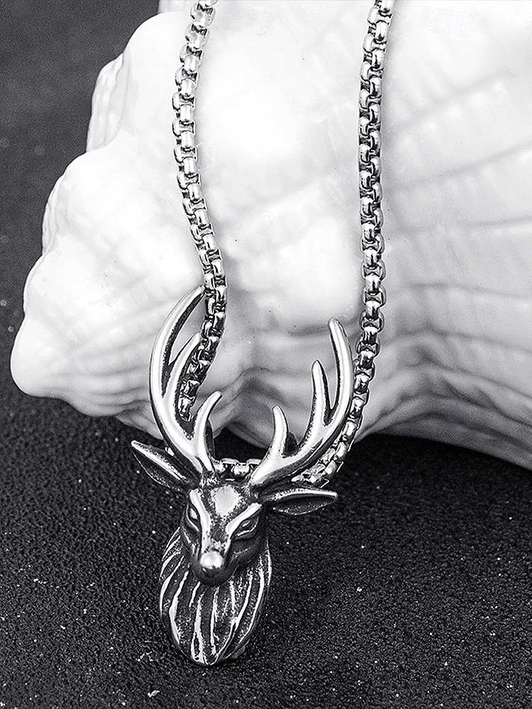 Collier tête de cerf en alliage pour homme - Collier pendentif bois de cerf vintage, parfait pour le style extérieur et comme cadeau de Noël de 2025 ? $7.99 –P7
