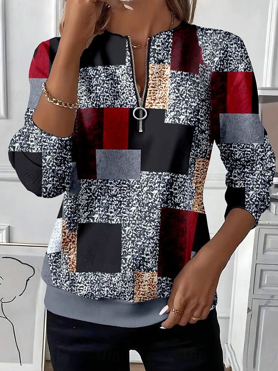 Dámské Svetrová mikina Mikiny na zip Slátanina Zip Tisk Grafika Geometrický Barevné bloky Módní Na běžné nošení Dlouhý rukáv Tričkový Běžné topy ulice Na den Černá Fialová Oranžová Šedá Podzim Zima 2026 - $27.99 –P2