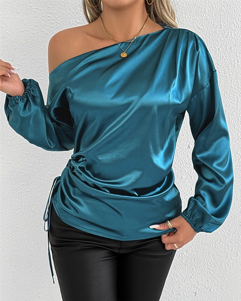 Mulheres Camisa Social Elegant Elegante Top de cetim Assimétrico Côr Sólida Elegante à moda Básico Manga Longa Ombro a Ombro ombro frio Tops regulares Diário Para Noite Azul Primavera Outono de 2026 por $28.99 –P1