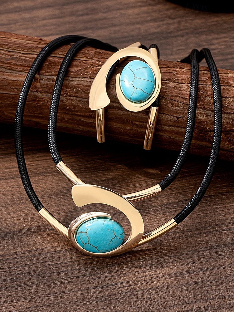 Γυναικείο σετ κοσμημάτων με μποέμ μοτίβο και στροβιλισμό, κολιέ και βραχιόλι με τιρκουάζ σχέδια σε κομψό χρυσό και ασημί, ιδανικό για πάρτι, γάμους και δώρα 2025 - $5.99 –P10