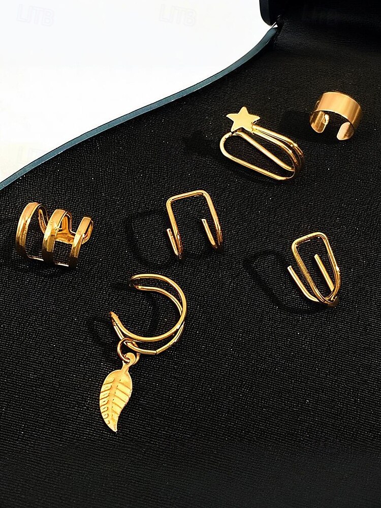 Женский комплект из золотых и серебряных сережек-каффов – серьги-клипсы без пирсинга с рисунком в виде звезд и листьев, модные украшения в стиле панк для вечеринок и повседневной носки 2026 - $7.99 –P3