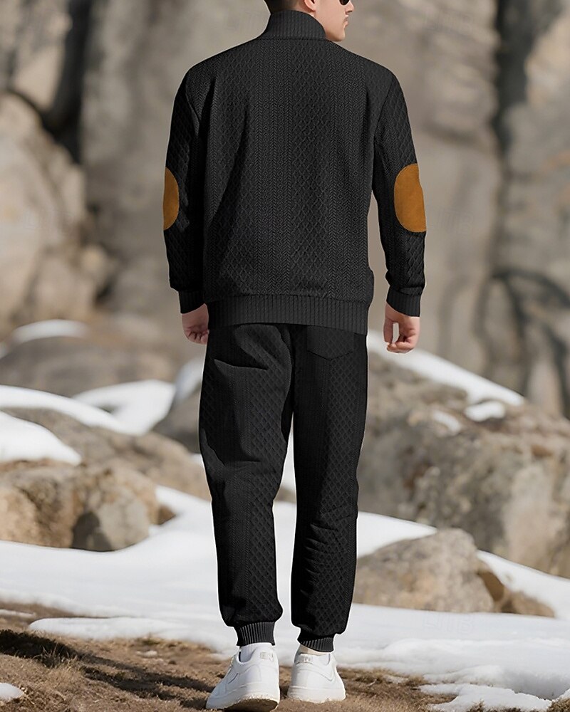 Men's Sweatshirt Tracksuit Outfit Set Stand Collar Outdoor Daily Sports Jacquard Drawstring Button Up Color Block Wine Red Black White Polyester Activewear Fashion Streetwear Spring 2025 - $52.99 –P4