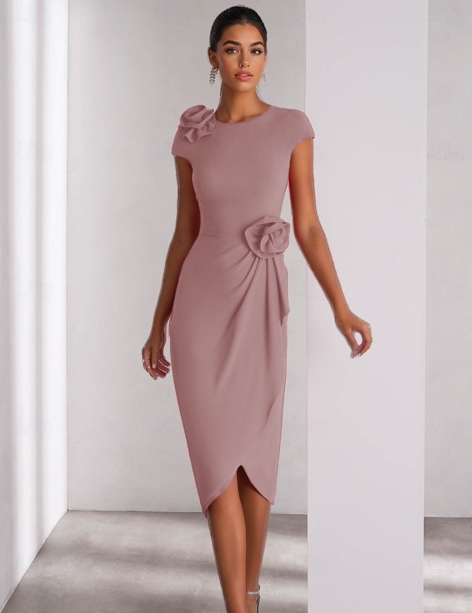 Søyle Cocktail Kjoler Elegant Formell Bryllupsgjest Ankellengde Korte Ermer Crew Hals Stretch Crepe med Skuldre Blomst 2025 - $129.99 –P6