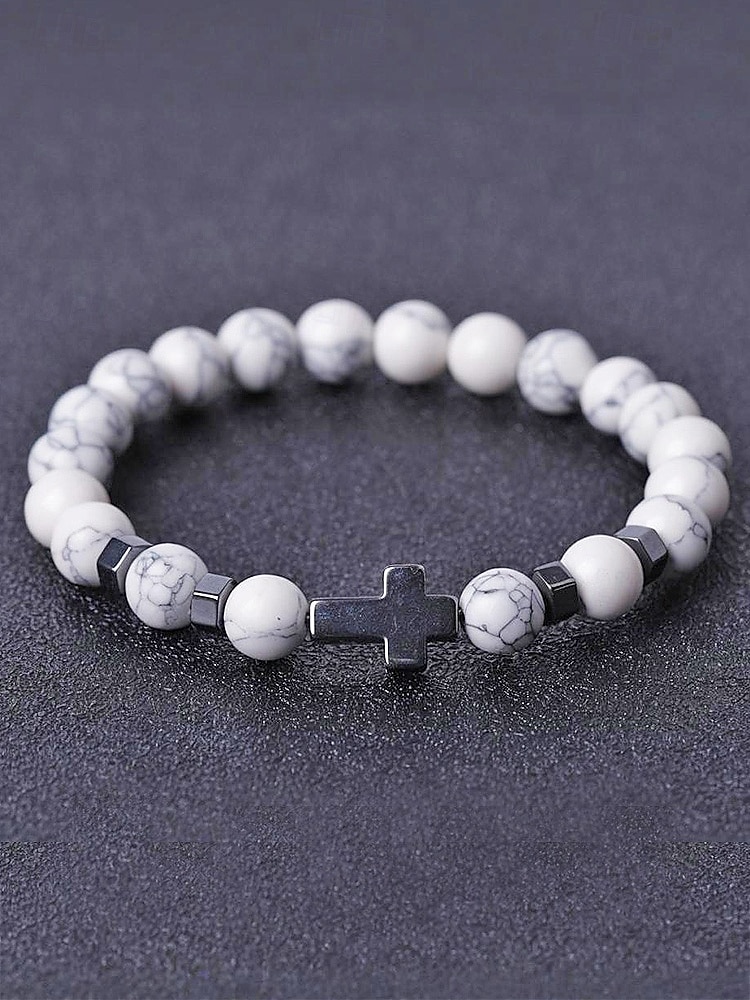 Men's Natural Stone Beaded Bracelet with Cross Charm, Adjustable Stretch Wristband, Spiritual Jewelry for Christmas Gift, Parties and Daily Wear 2026 - $9.99 –P6