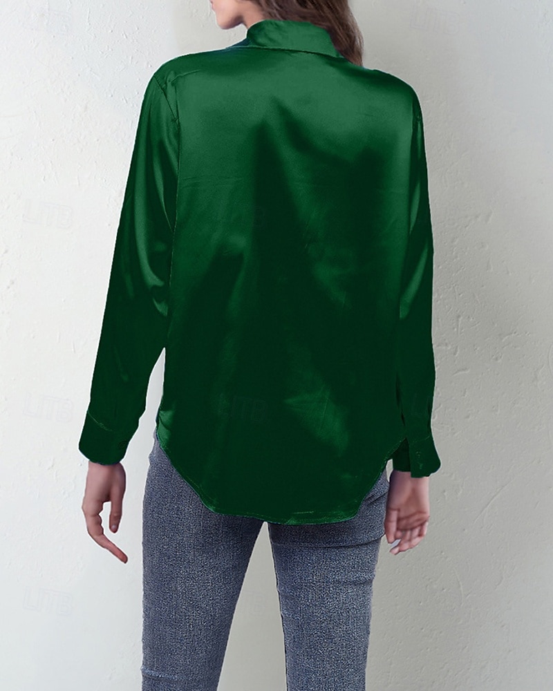 Damskie Koszula Elegancki Szykowny Top satynowy Guziki Jednokolorowe Elegancki Codzienny Długi rękaw Kołnierzyk koszuli Zwykłe topy Codzienny Wyjściowe Niebieski Jasnozielony Rumiany róż Żółtobrązowy 2026 - $27.99 –P10