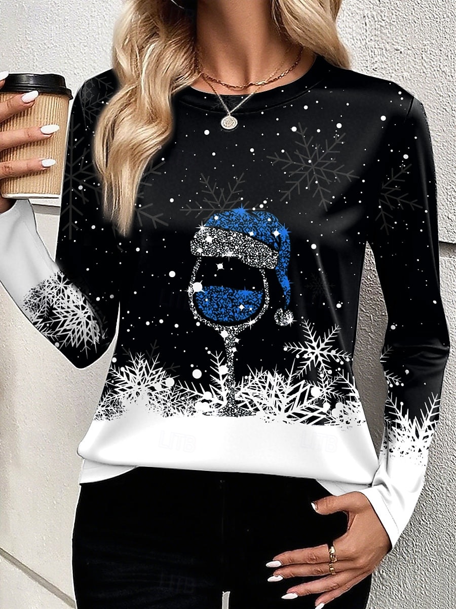 2025年 クリスマス 女性用 Tシャツ グラフィック スノーフレーク柄 ワイングラス ファッション カジュアル 長袖 クルーネック ラウンドネック レギュラートップス 日常 週末 プリント ルビーレッド ブルー パープル グリーン 夏 春 秋 冬  コレクション – $26.99 –P2