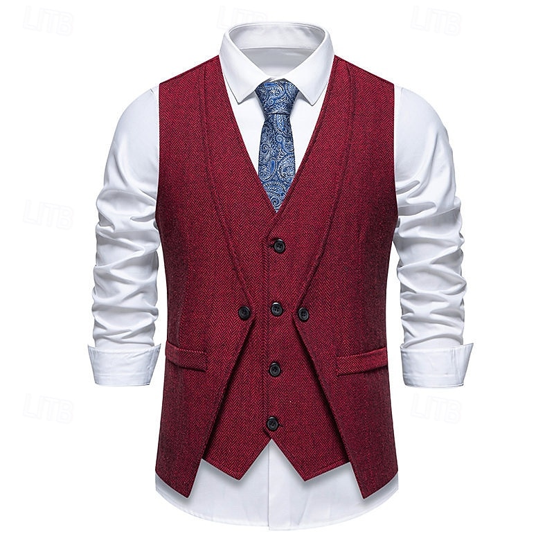 Herren Weste Gilet Urlaub Party Geschäft Mode Lässig Frühling Herbst Tasche 2 in 1 Knöpfe Polyester Bequem Einfach Einreihig Ein-Knopf V Ausschnitt Normale Passform Wein Marineblau Dunkelgray Kaffee 2025 - $33.99 –P5