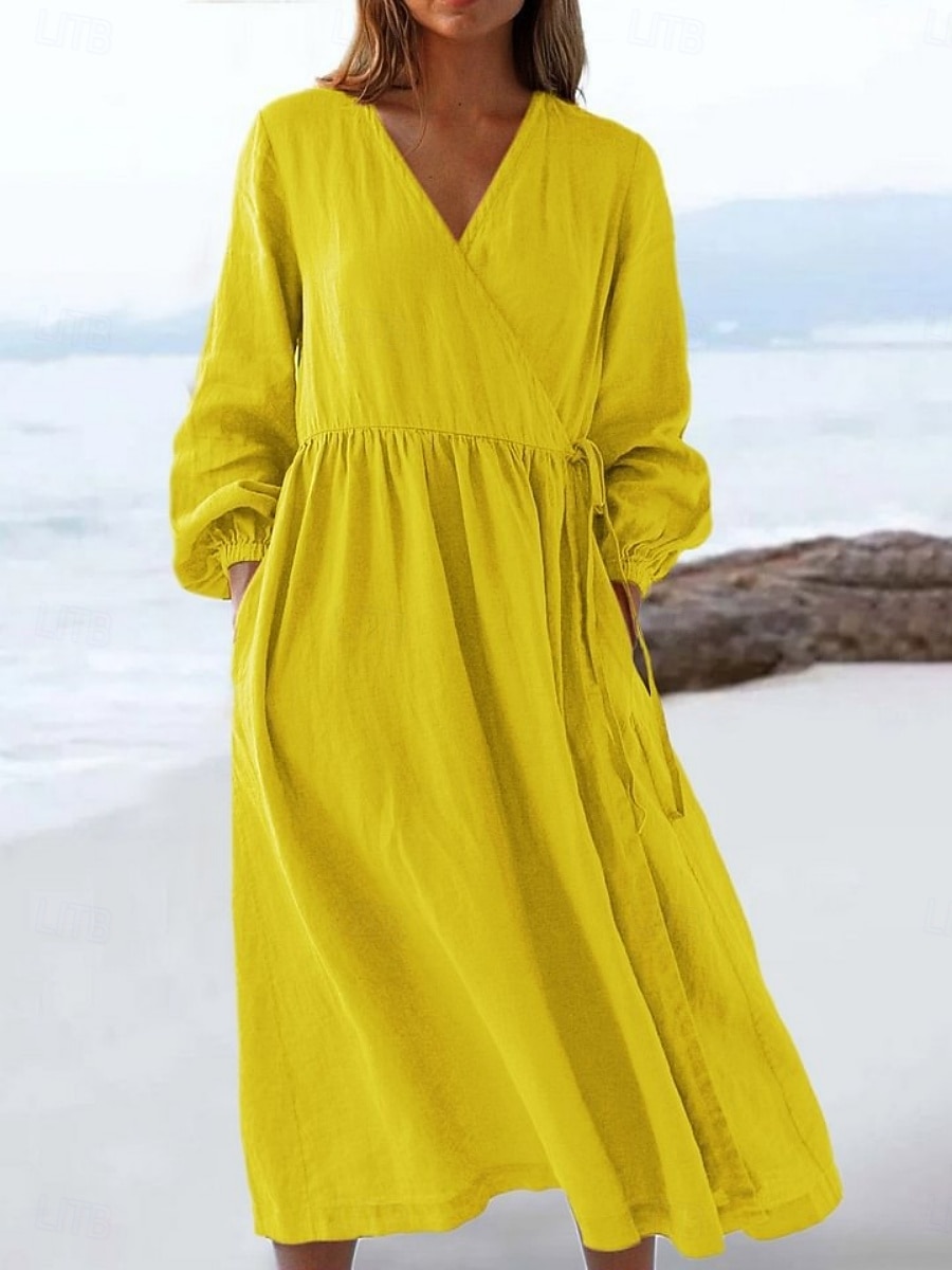 Women's Midi Dress Faux Cotton Linen A Line Dress Casual Daily Loose Fit Plain Long Sleeve V Neck Blue Black White Yellow Summer Spring Fall 2026 - $35.99 –P6