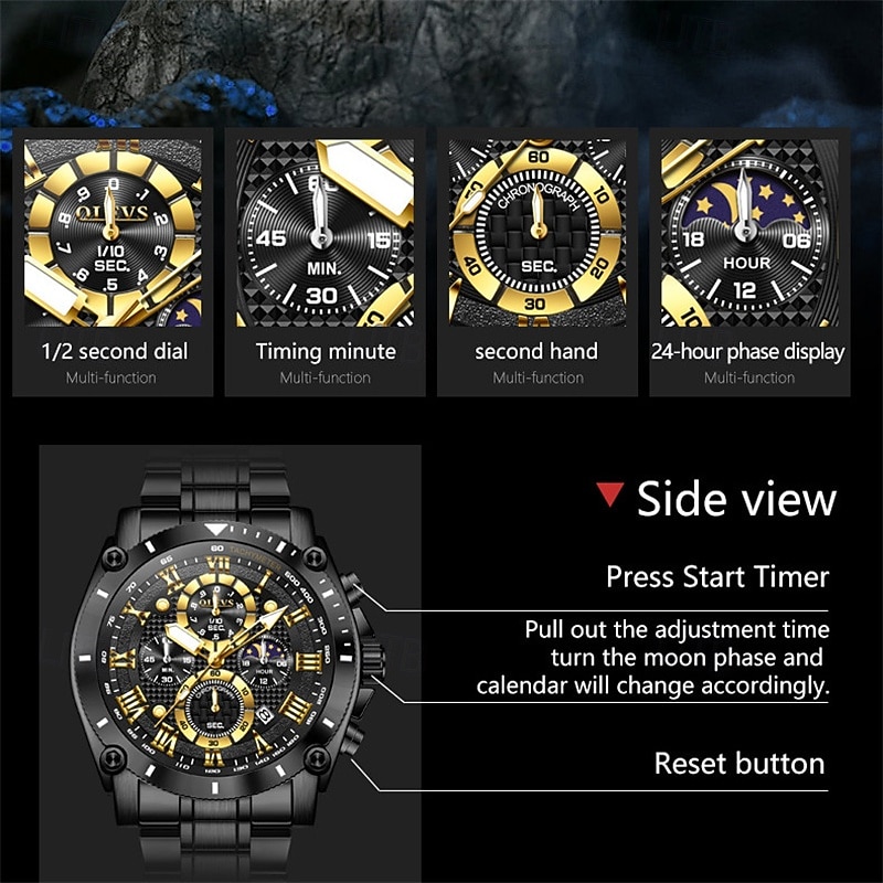 The New Olevs Men'S Steel Band Business Watch Moon Phase Luminous Calendar Chronograph 24-Hour Indication Quartz Watch Is A Fashionable Casual And Versatile Waterproof Sports Wristwatch 2025 - $32.99 –P3