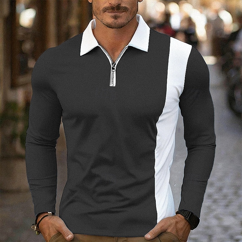 Per uomo Polo Polo con zip a un quarto Abbigliamento quotidiano Data Bavero Manica Lunga Moda Essenziale Blocco di colori Cerniera Primavera Autunno Vestibilità regolare Nero Bianco Vino Blu marino del 2026 a $18.99 –P7